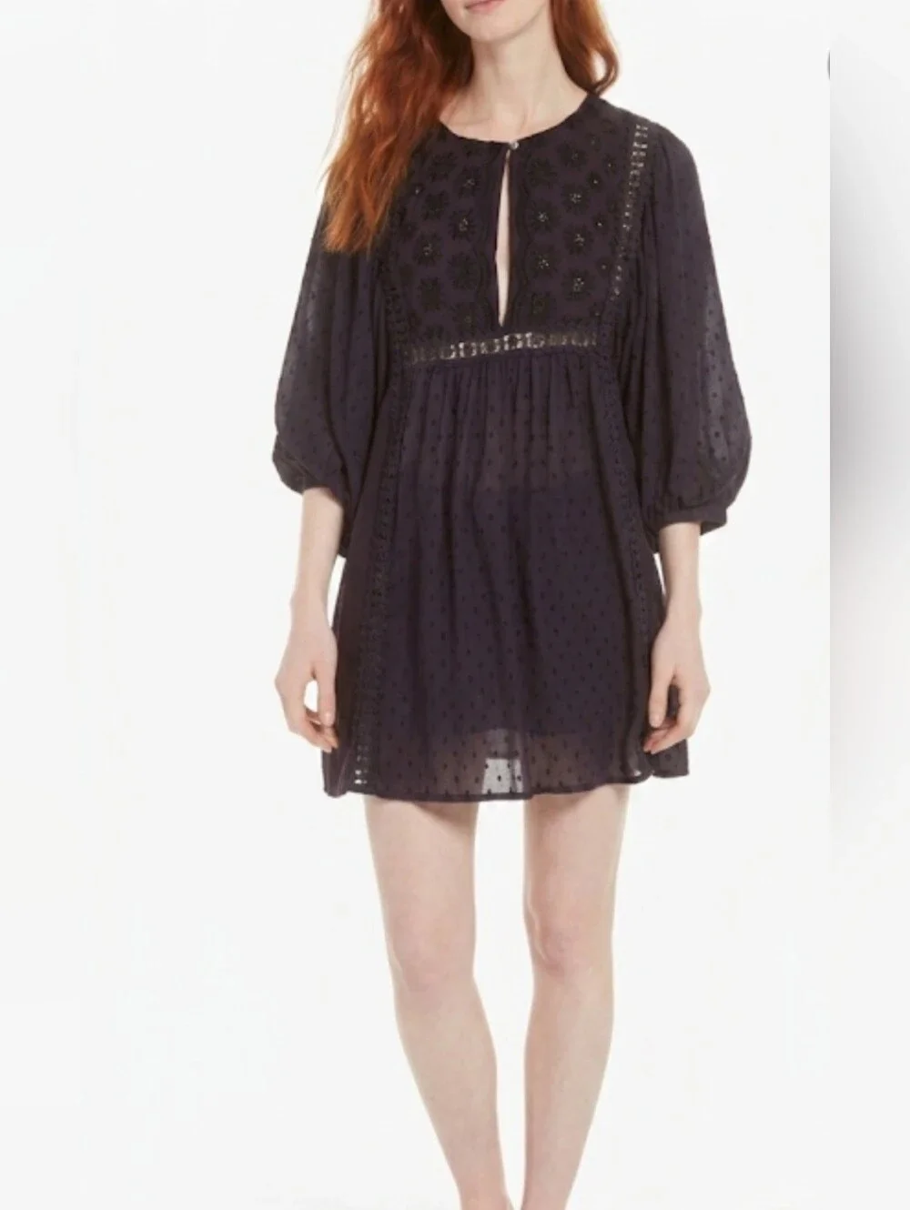 Free People Embroidered Deep Plum Swiss Dot Mini Dress,Size M.